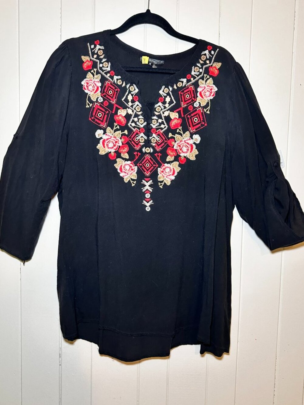 Andree by Unit Black Embroidered Boho Tunic Blouse Roll Tab Sleeve 2X